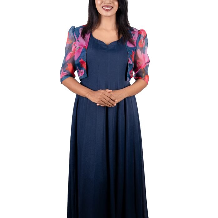 Navy Blue Flared Dress with Floral Shrug Sleeves