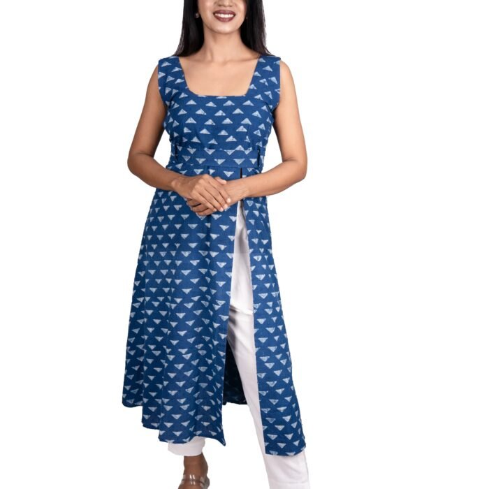 Indigo sidecut top with straight palazo